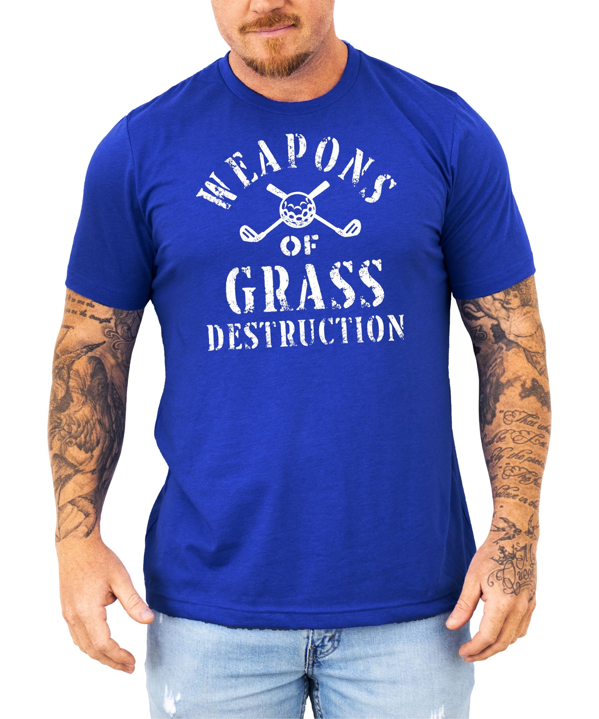 Side angle view of men's golf humor t-shirt with vintage distressed print