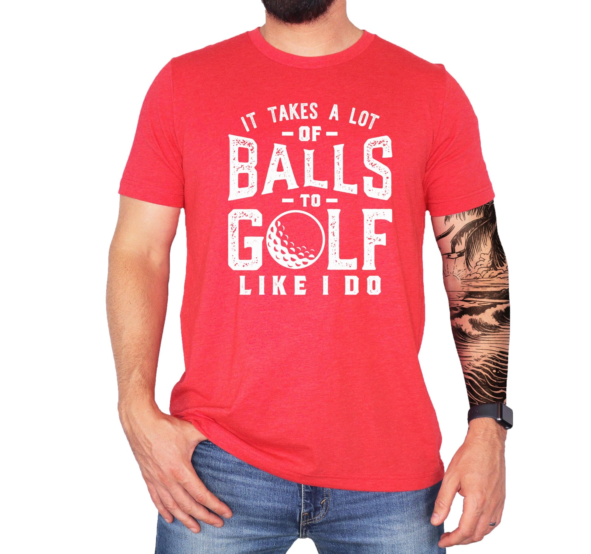 Close-up view of golf shirt text design showing weapons of grass destruction slogan