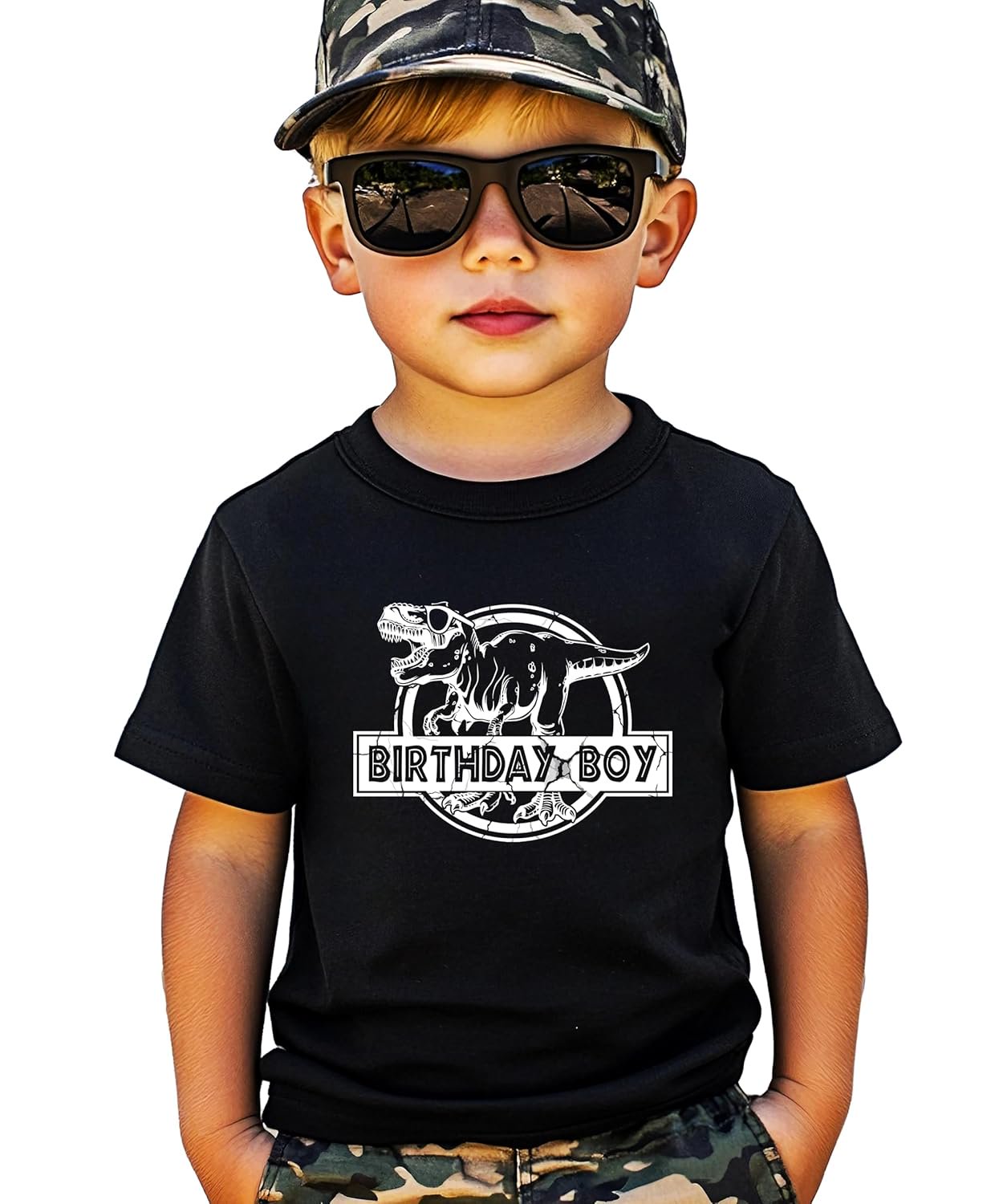 Close-up of Birthday Boy dinosaur shirt graphic showing detailed T-Rex design and text