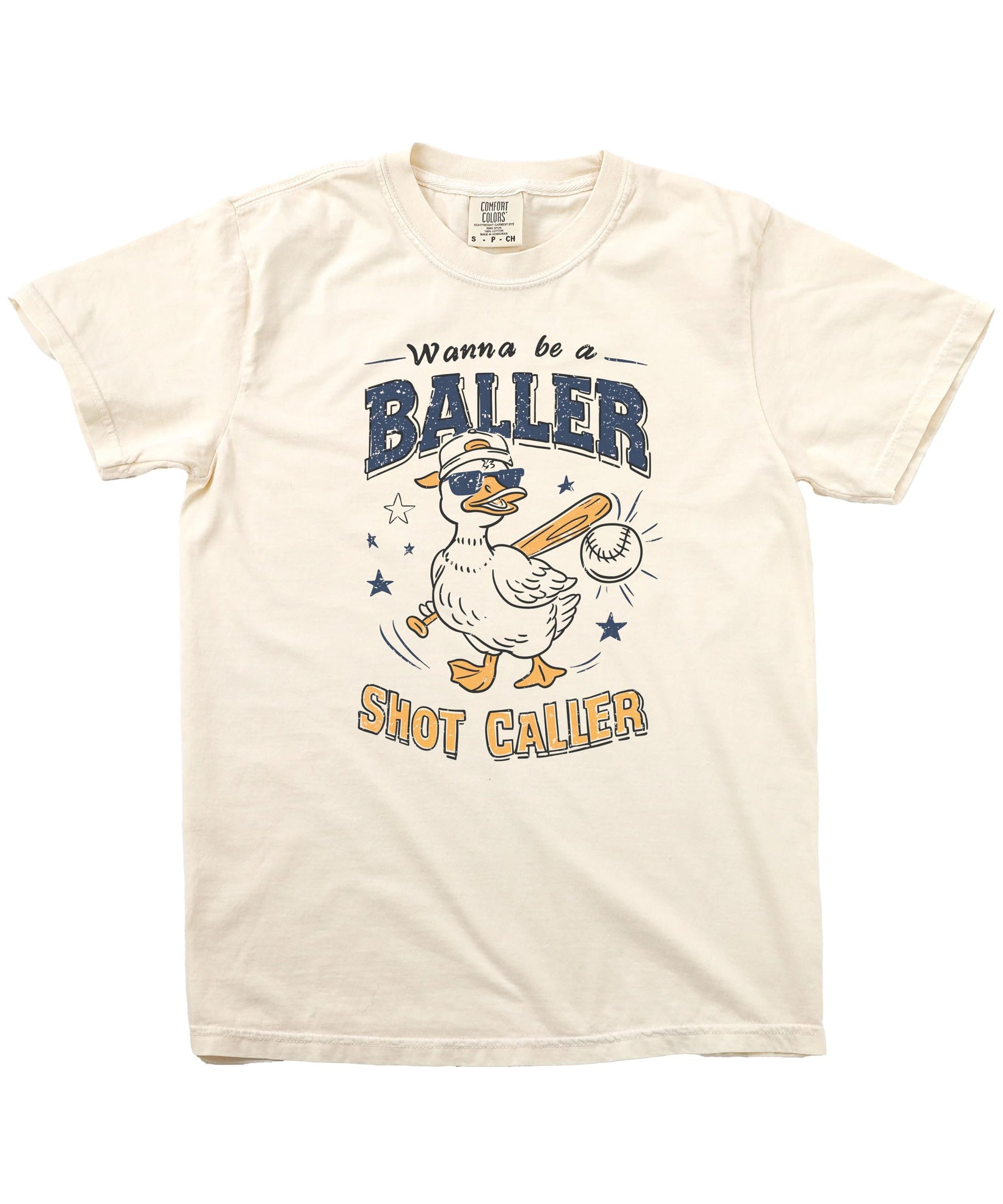 Flat lay of cream colored baseball shirt showing full duck graphic and text design