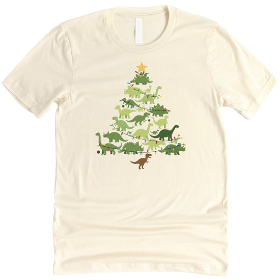 Person wearing natural colored dinosaur Christmas tree holiday shirt - lifestyle shot