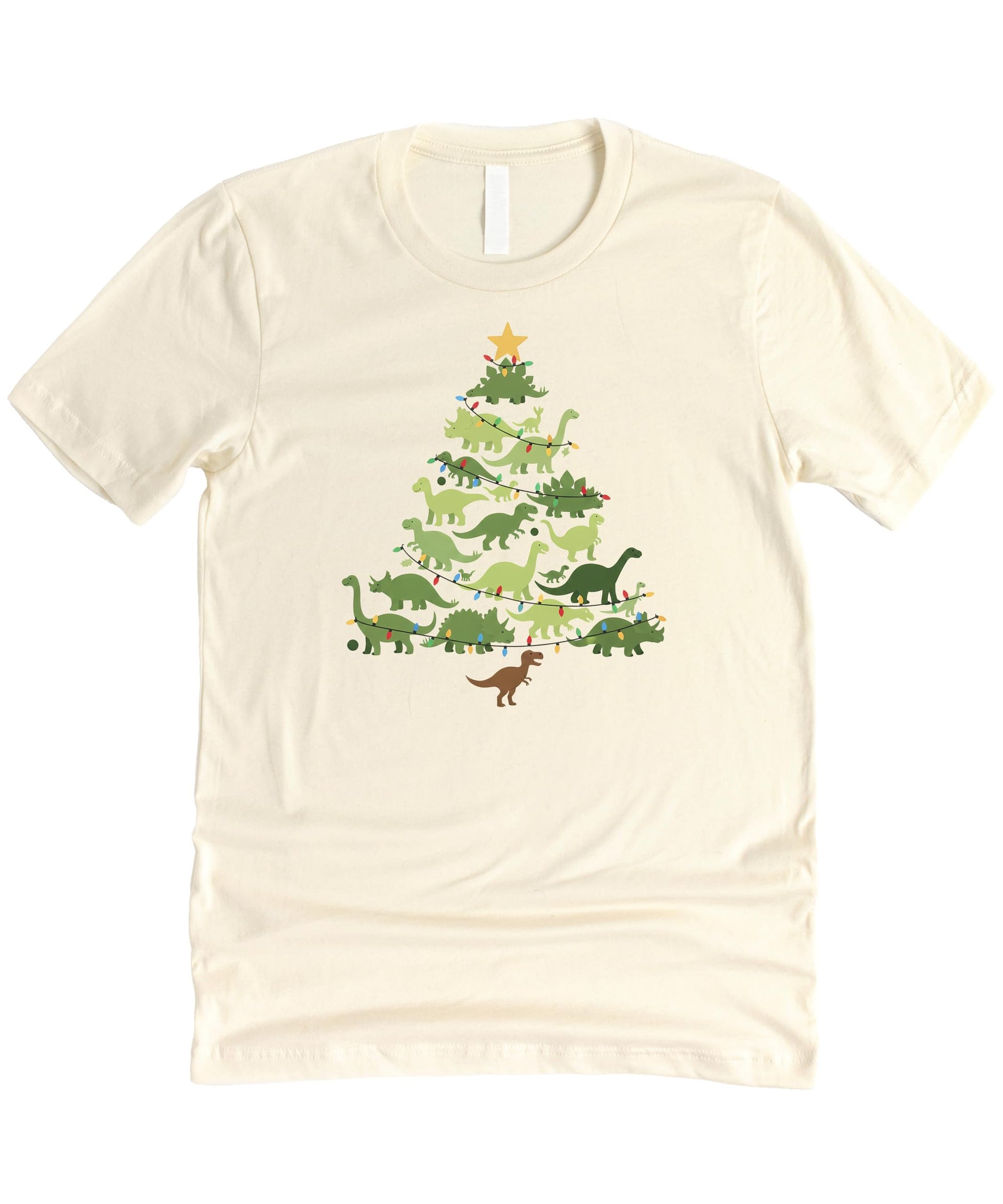 Person wearing natural colored dinosaur Christmas tree holiday shirt - lifestyle shot