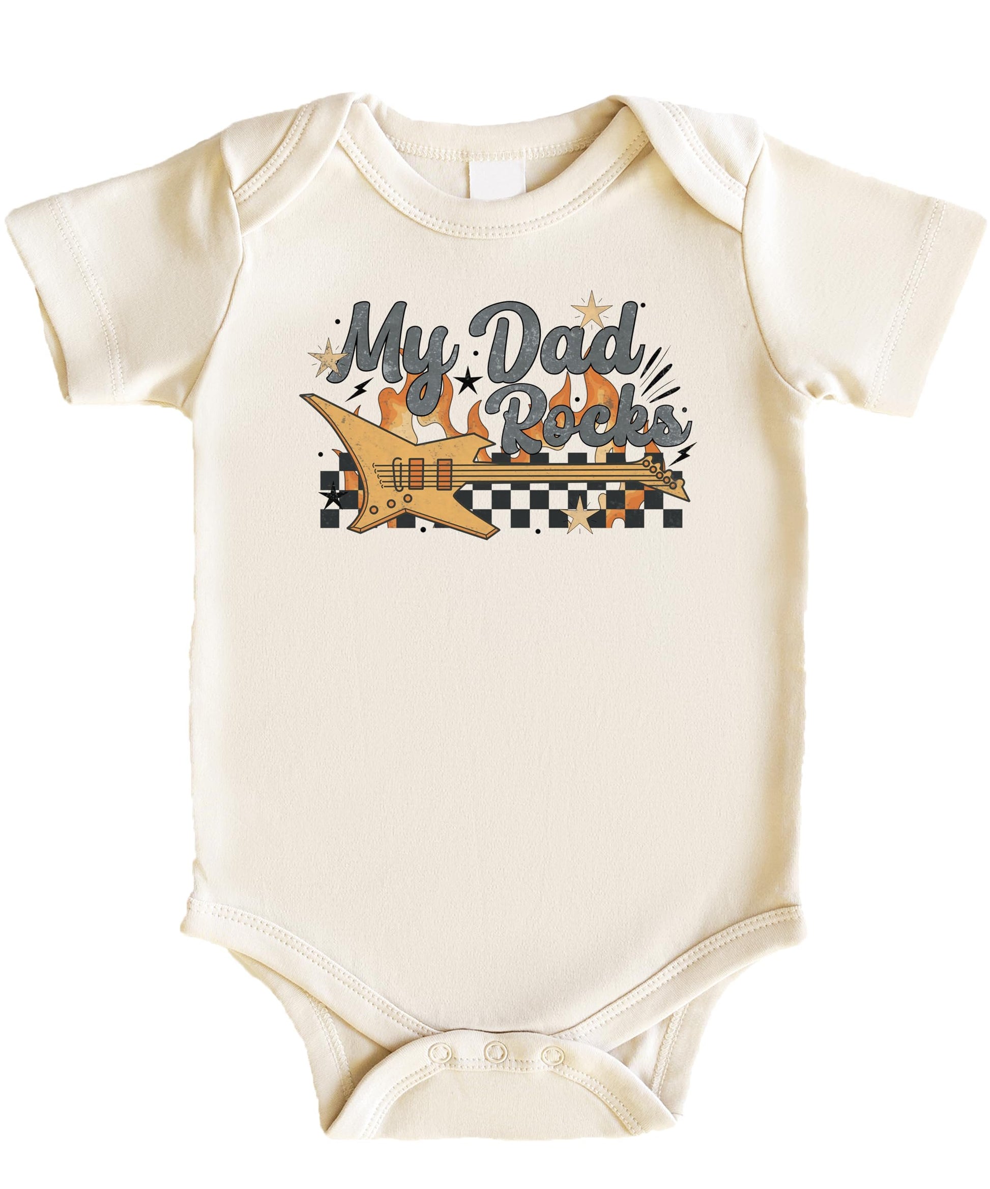 Baby wearing My Dad Rocks graphic bodysuit laid flat showing full front design
