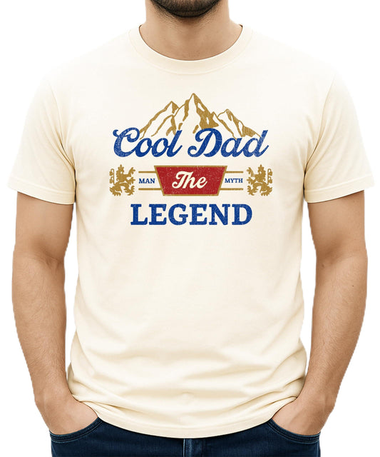 Black men's graphic tee with bold 'Man Myth Legend Cool Dad' vintage mountain design