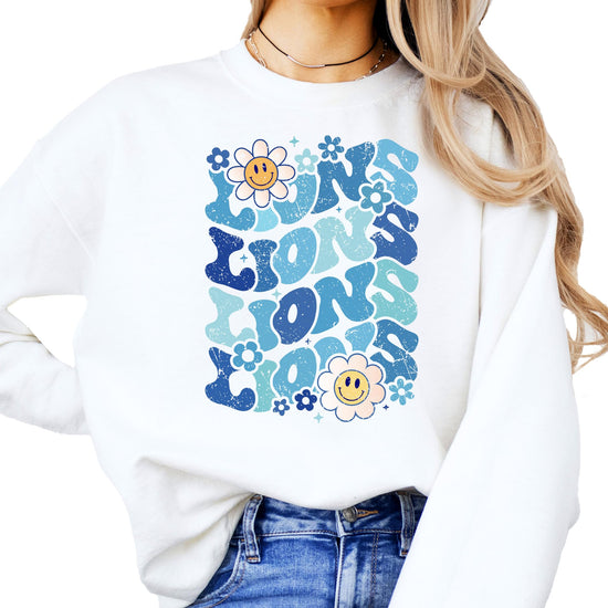 Close-up of blue wavy Lions retro print on a gray crewneck sweatshirt