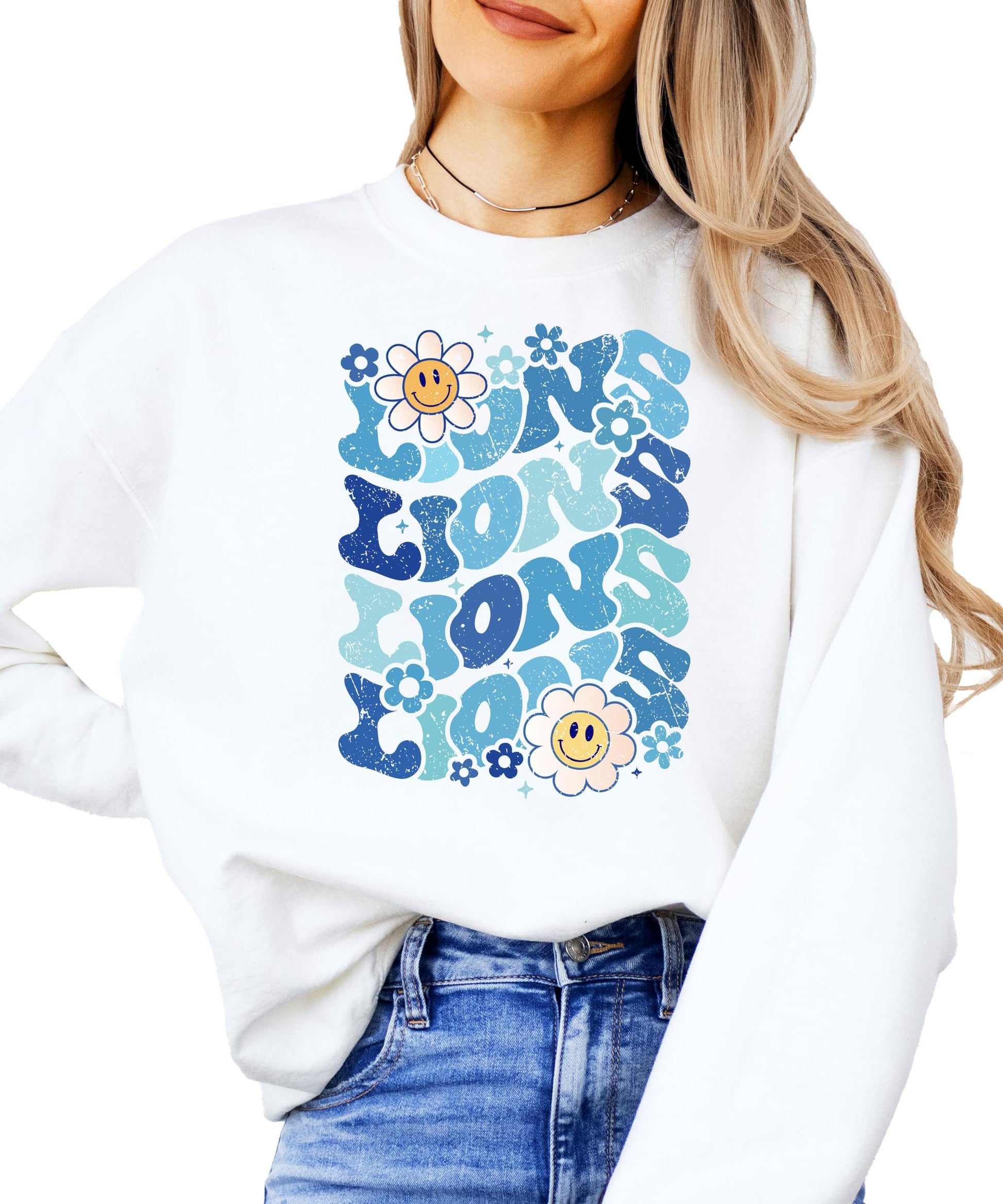 Close-up of blue wavy Lions retro print on a gray crewneck sweatshirt