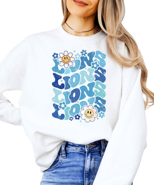 Close-up of blue wavy Lions retro print on a gray crewneck sweatshirt