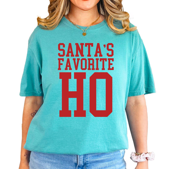 Close-up of Santa's Favorite Ho holiday shirt design and print quality