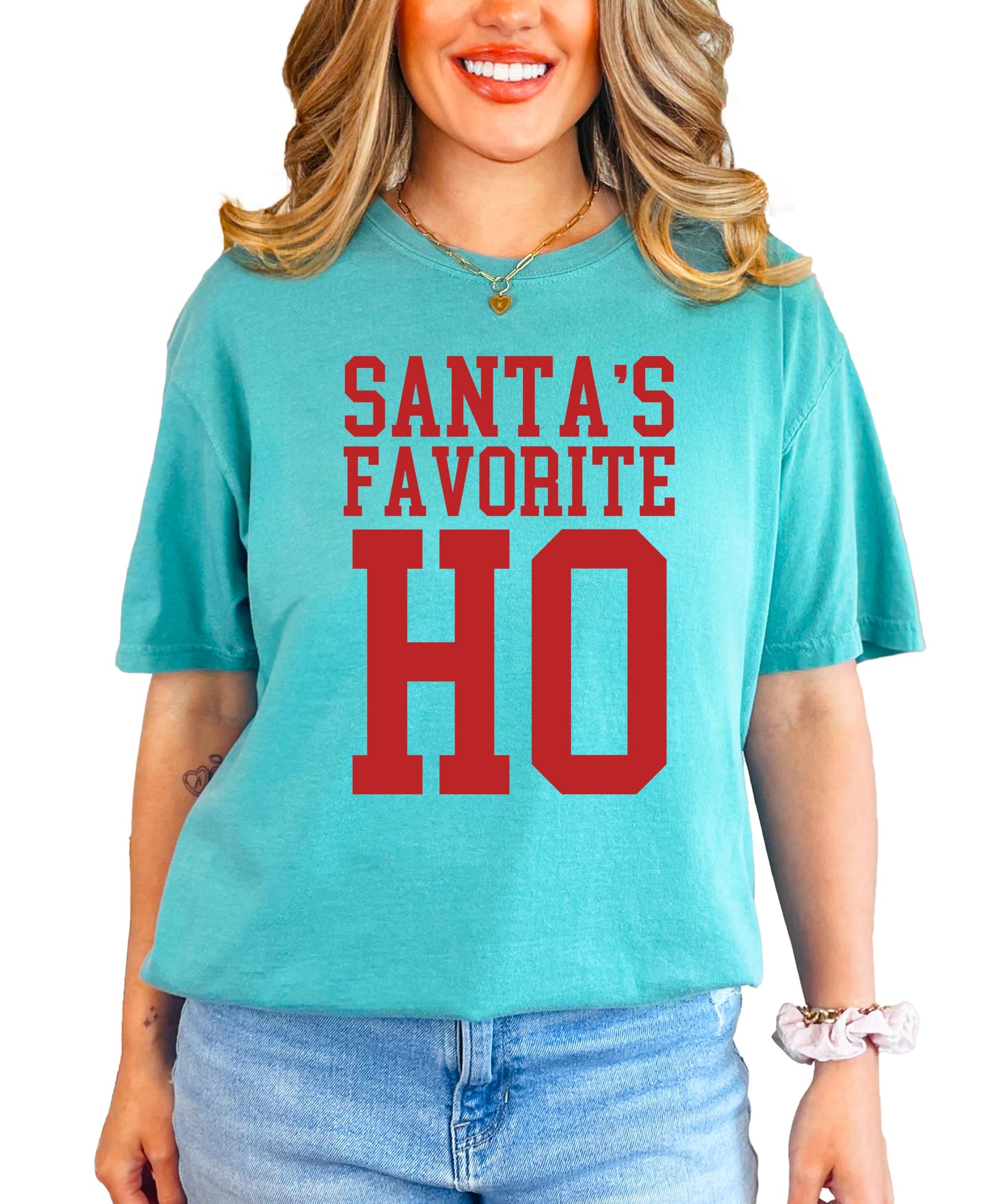 Close-up of Santa's Favorite Ho holiday shirt design and print quality