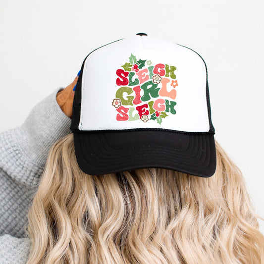 Funny Sleigh Girl Sleigh Floral Christmas Trucker Hat for Women and Teens Holiday Adjustable Cap