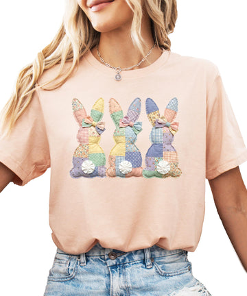 Ink Printed Image NOT a Quilt Patch - 3 Bunnies Easter Gingham & Floral Patchwork Shirt for Adults & Kids