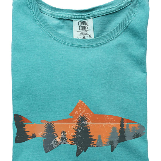 Close-up view of trout fishing sunset graphic print on seafoam colored shirt