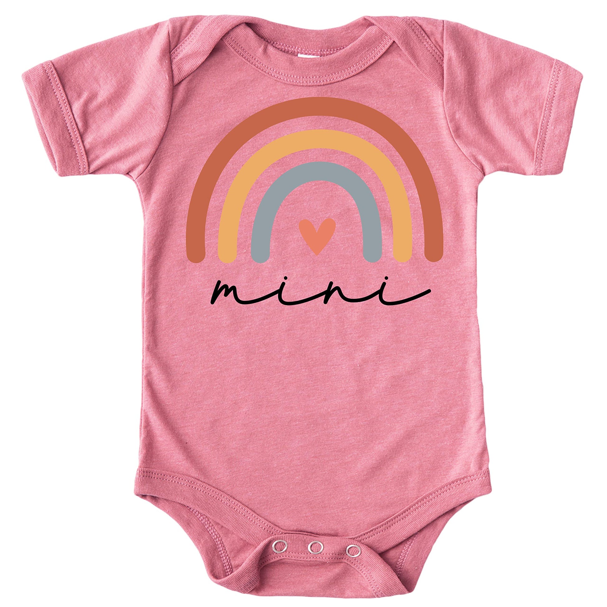 Mom and child wearing matching peach rainbow heart cursive shirts and bodysuit by Olive Loves Apple