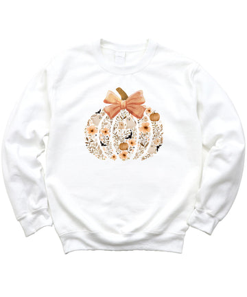 Floral Halloween Pumpkin Sweatshirt for Women, Teens & Kids Ghosts, Flowers and Bow Sweater White Sweatshirt Youth XS