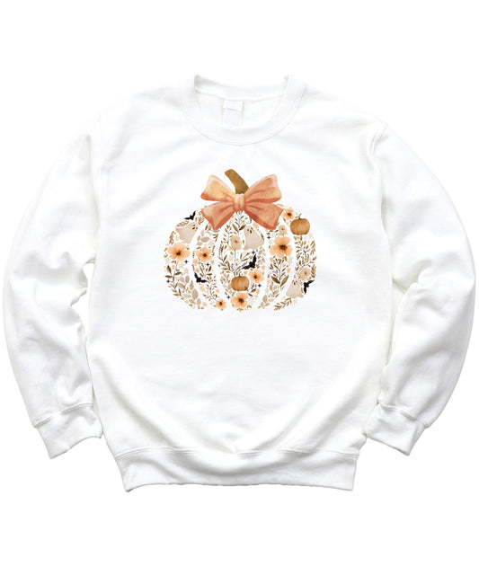 Floral Halloween Pumpkin Sweatshirt for Women, Teens & Kids Ghosts, Flowers and Bow Sweater White Sweatshirt Youth XS