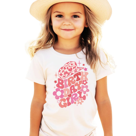 Groovy cowgirl birthday girl natural shirt for toddler and baby girls with retro boho graphic