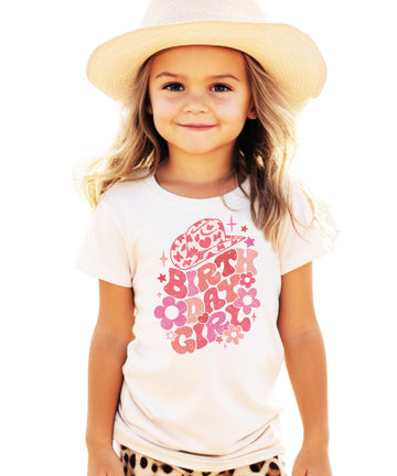 Groovy cowgirl birthday girl natural shirt for toddler and baby girls with retro boho graphic