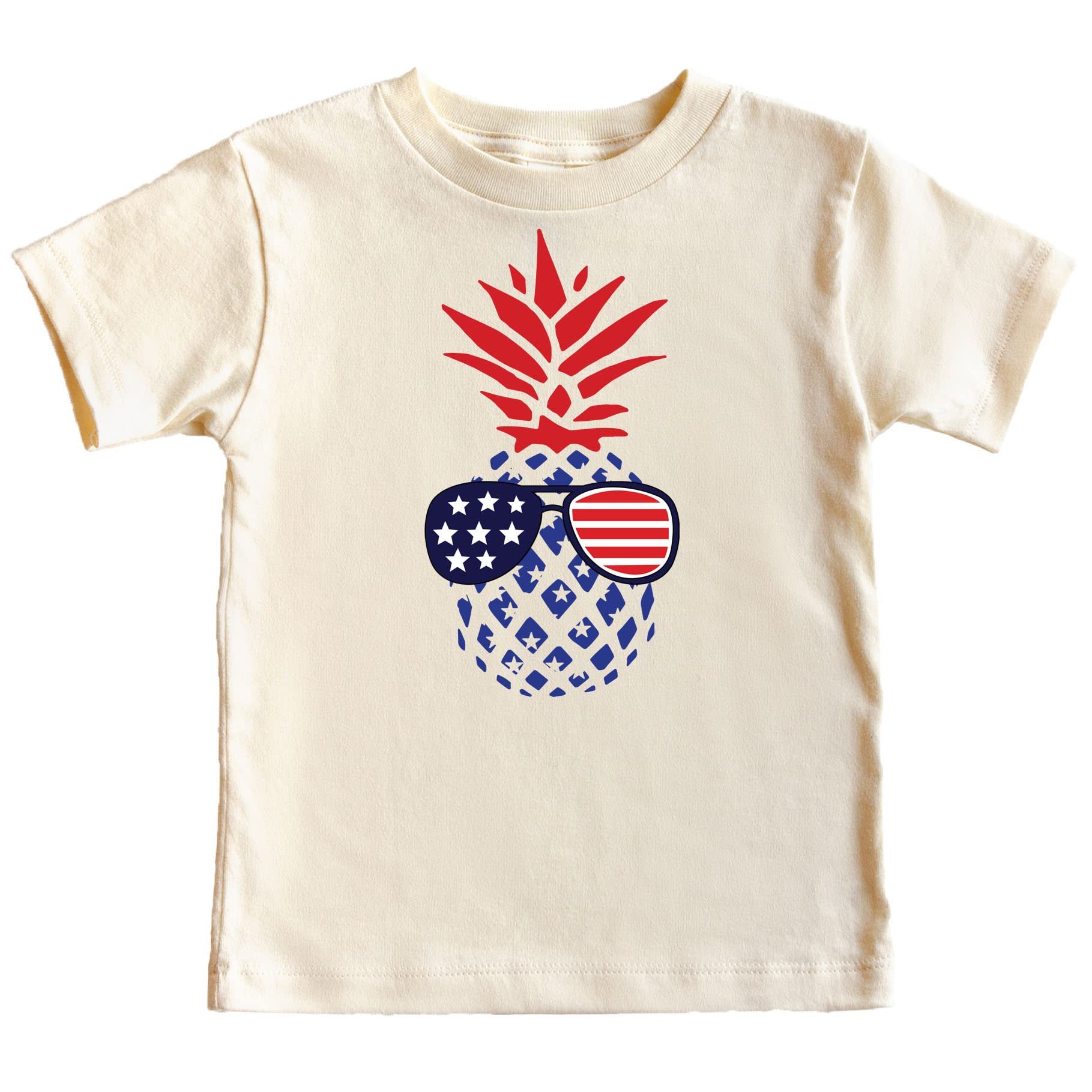 Pine tree and American flag sunglasses graphic on a natural color youth tee for 4th of July