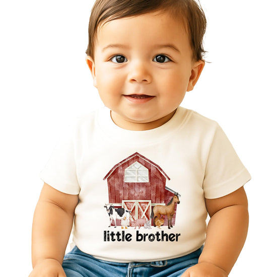 Little Brother farm animals graphic bodysuit for baby sibling reveal announcement by Olive Loves Apple