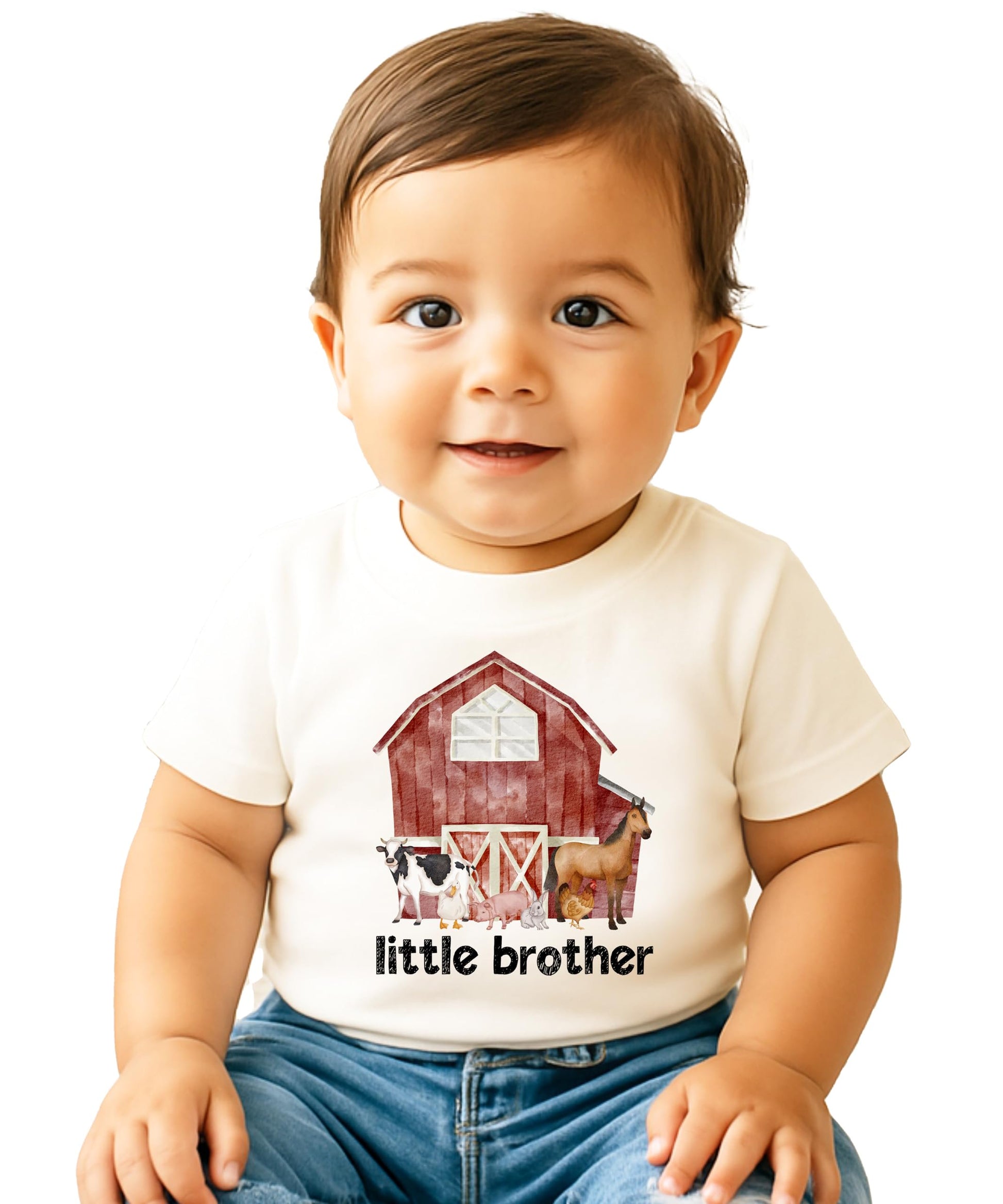 Little Brother farm animals graphic bodysuit for baby sibling reveal announcement by Olive Loves Apple