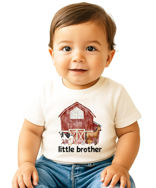 Little Brother farm animals graphic bodysuit for baby sibling reveal announcement by Olive Loves Apple