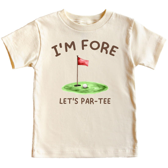 Front view of funny golf themed birthday shirt for kids showing bold 'I'm Fore Let's Par Tee' graphic print