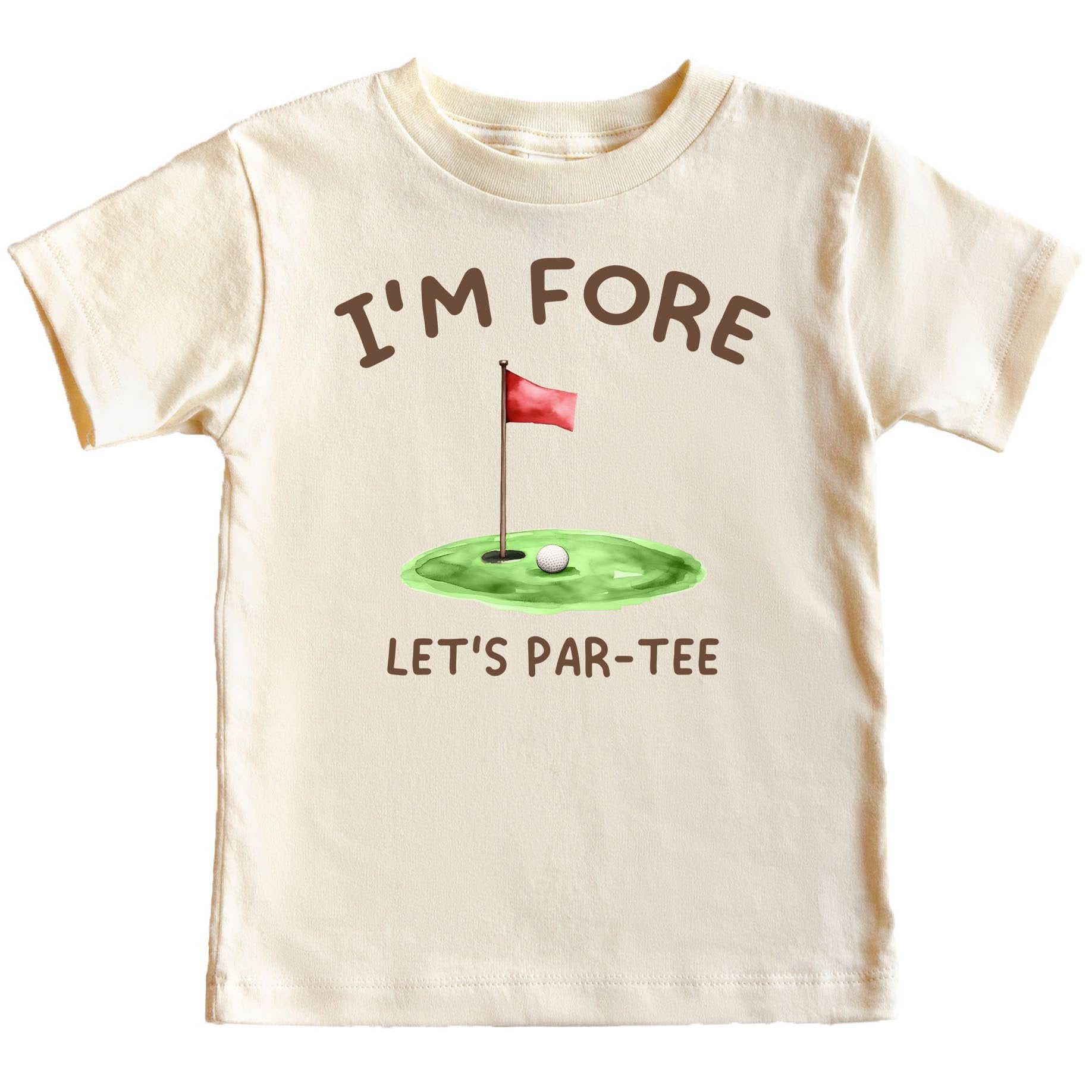 Front view of funny golf themed birthday shirt for kids showing bold 'I'm Fore Let's Par Tee' graphic print