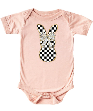 Olive Loves Apple Trendy Checkered Bunny Baby Bodysuit for Girls Dalmatian Bow Spring Rabbit One-Piece
