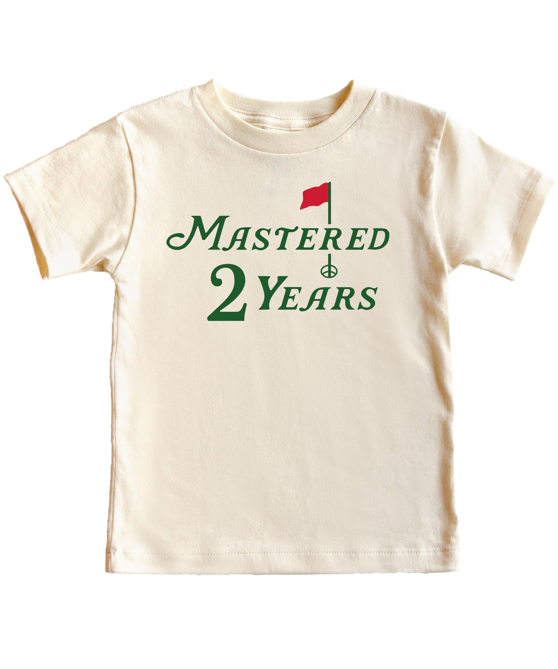 Back view of natural colored Mastered 2 Years golf birthday tee for kids