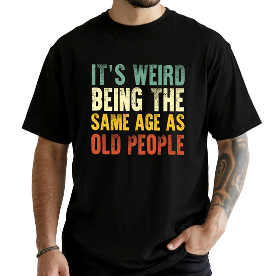 Side or angled view of men's funny graphic t-shirt in dark gray heather