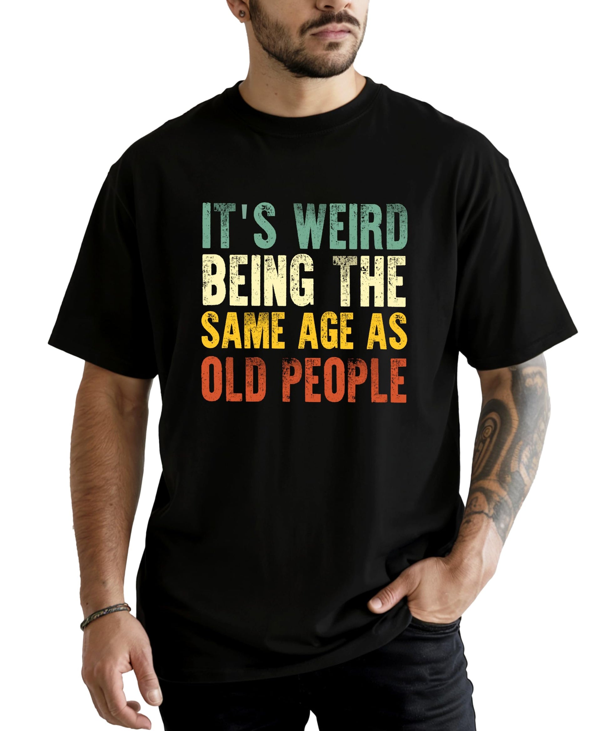 Side or angled view of men's funny graphic t-shirt in dark gray heather
