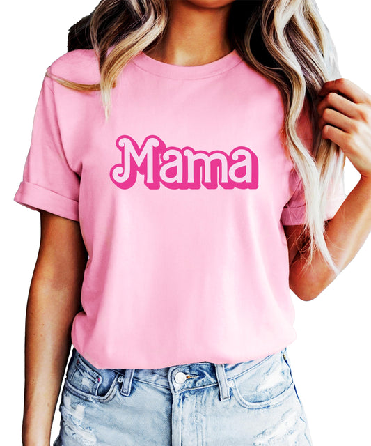 Woman and young girl wearing matching pink Mama and Mini tees outdoors