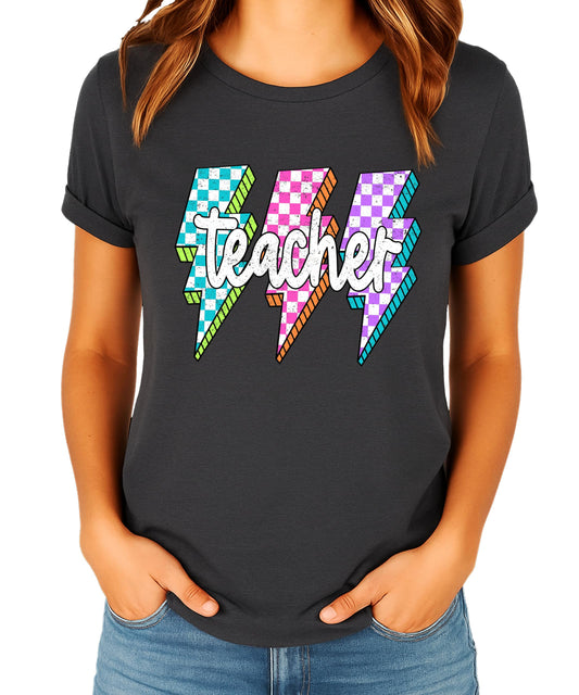 Front view of blue teacher lightning bolt graphic t-shirt for women