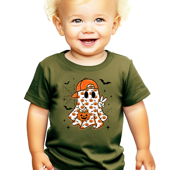 Boys Halloween ghost shirt flat lay showing cute ghost character with peace sign and fall elements