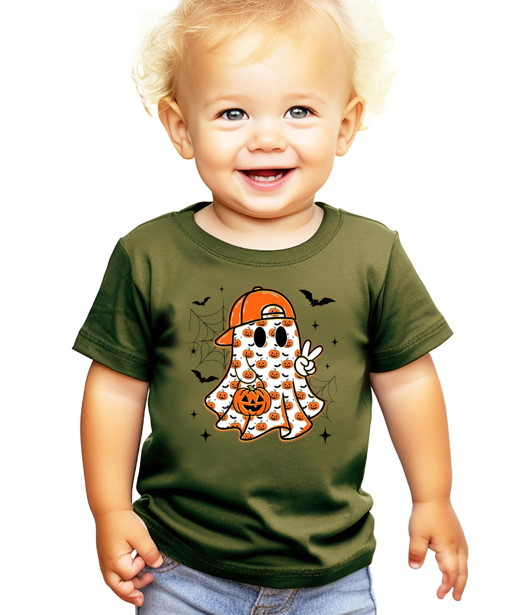 Boys Halloween ghost shirt flat lay showing cute ghost character with peace sign and fall elements