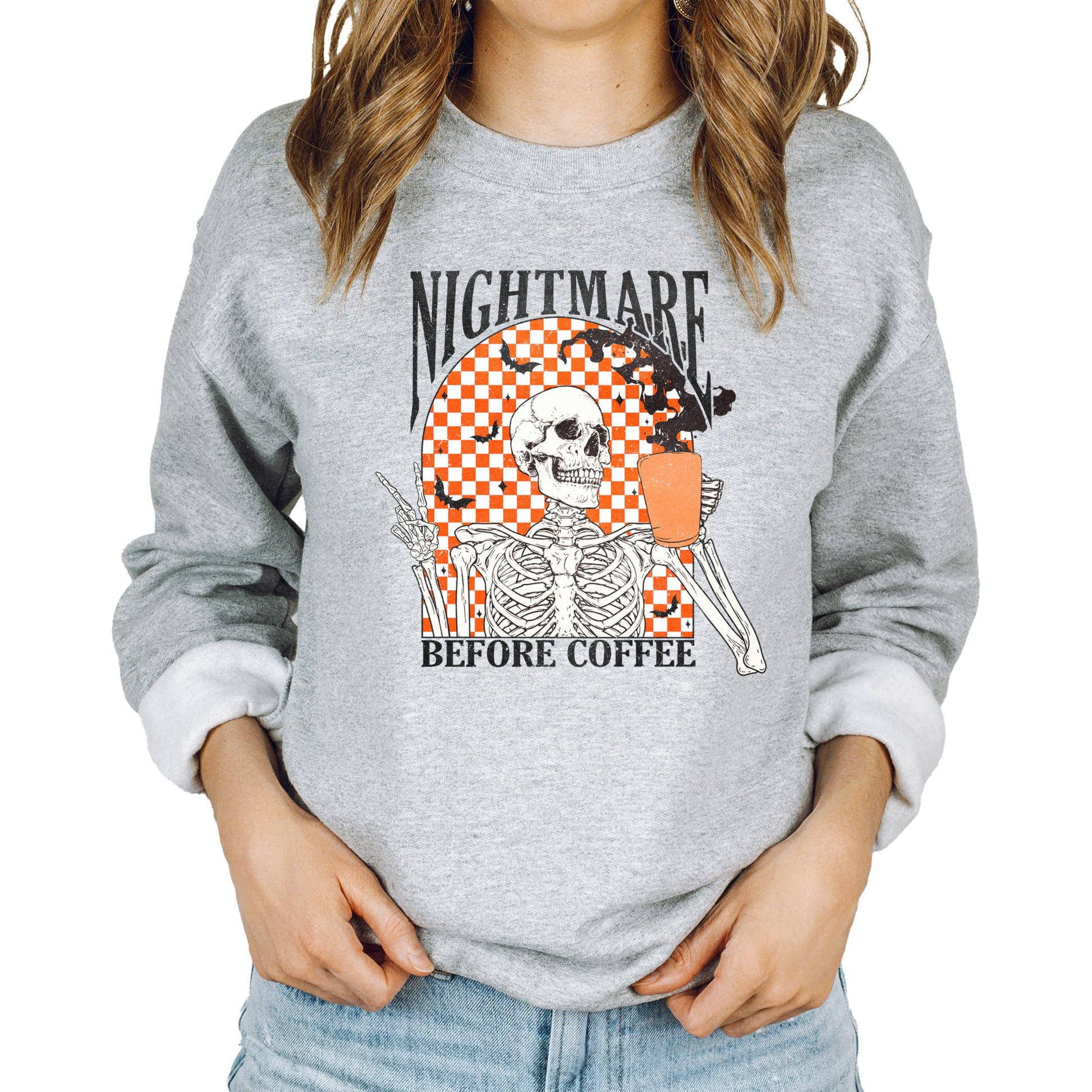 Nightmare Before Coffee gray sweatshirt with retro skeleton and bat graphic for women and teens