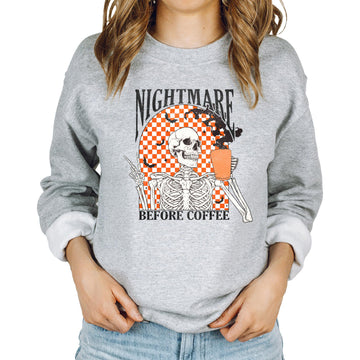 Nightmare Before Coffee gray sweatshirt with retro skeleton and bat graphic for women and teens