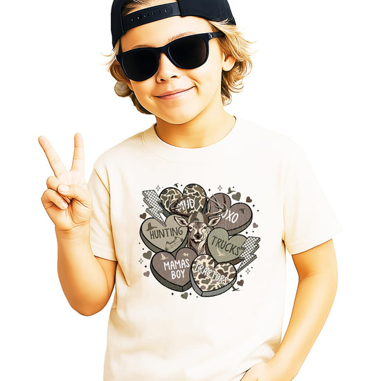 Boys black graphic tee with country camo conversation hearts and Mama's Boy Valentine's Day design