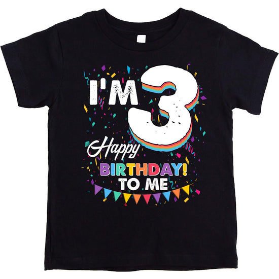 Close-up of 'I'm 3 Happy Birthday to Me' graphic print on mauve kids tee