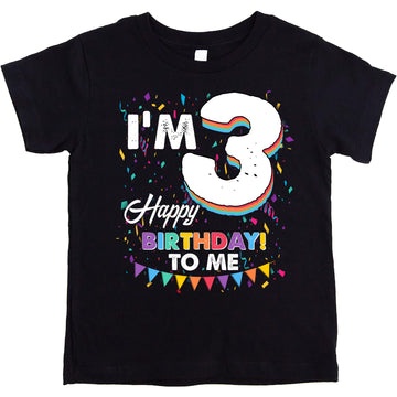 Close-up of 'I'm 3 Happy Birthday to Me' graphic print on mauve kids tee