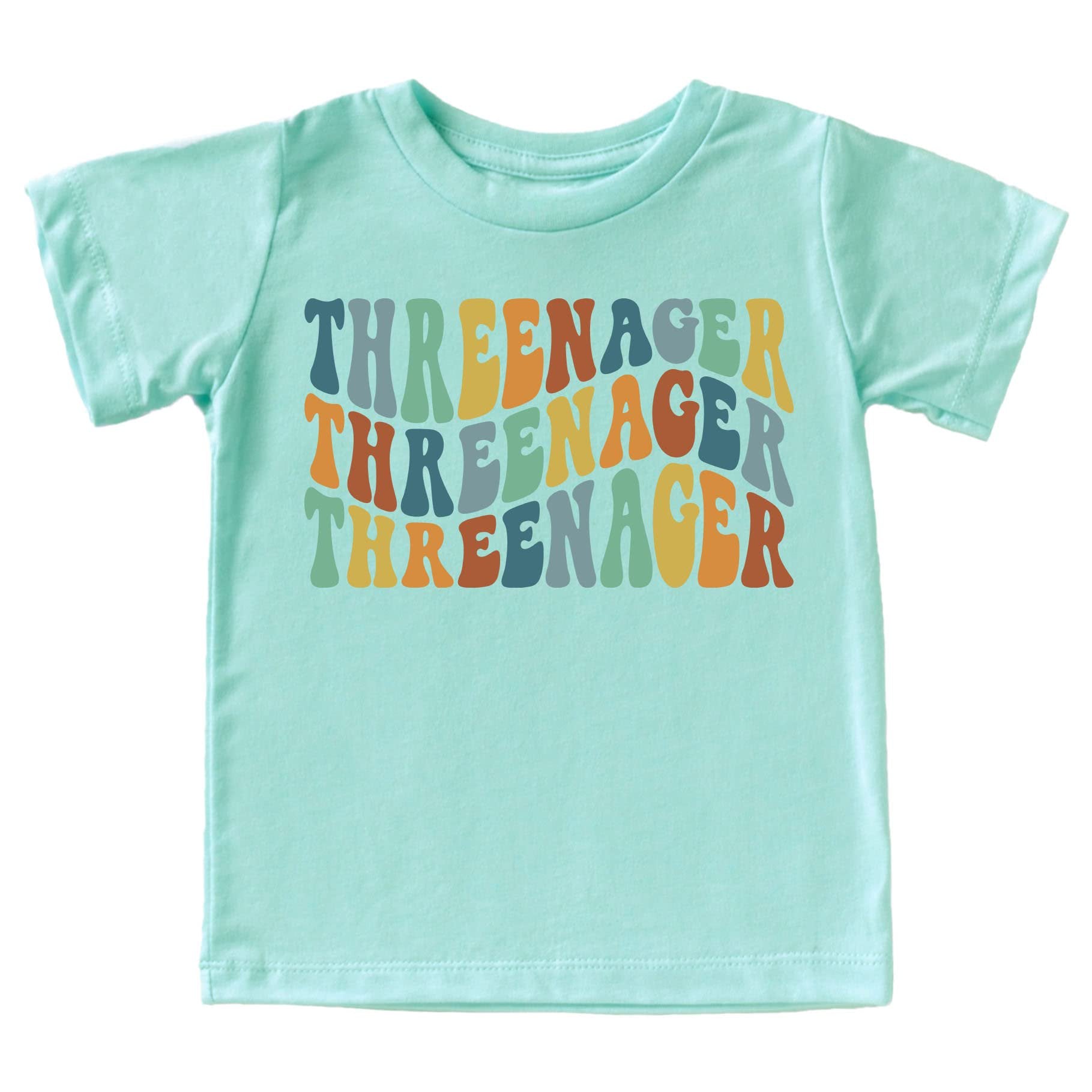 Toddler wearing groovy third birthday outfit shirt, royal blue with vintage-style design