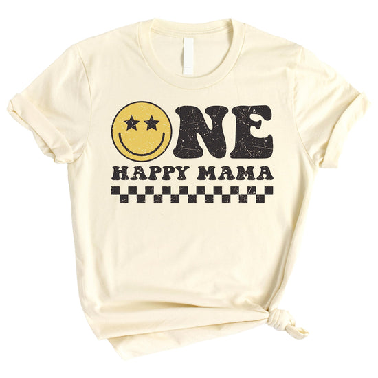 One Happy Mom matching natural graphic tee for mom and baby girl 1st birthday family outfit