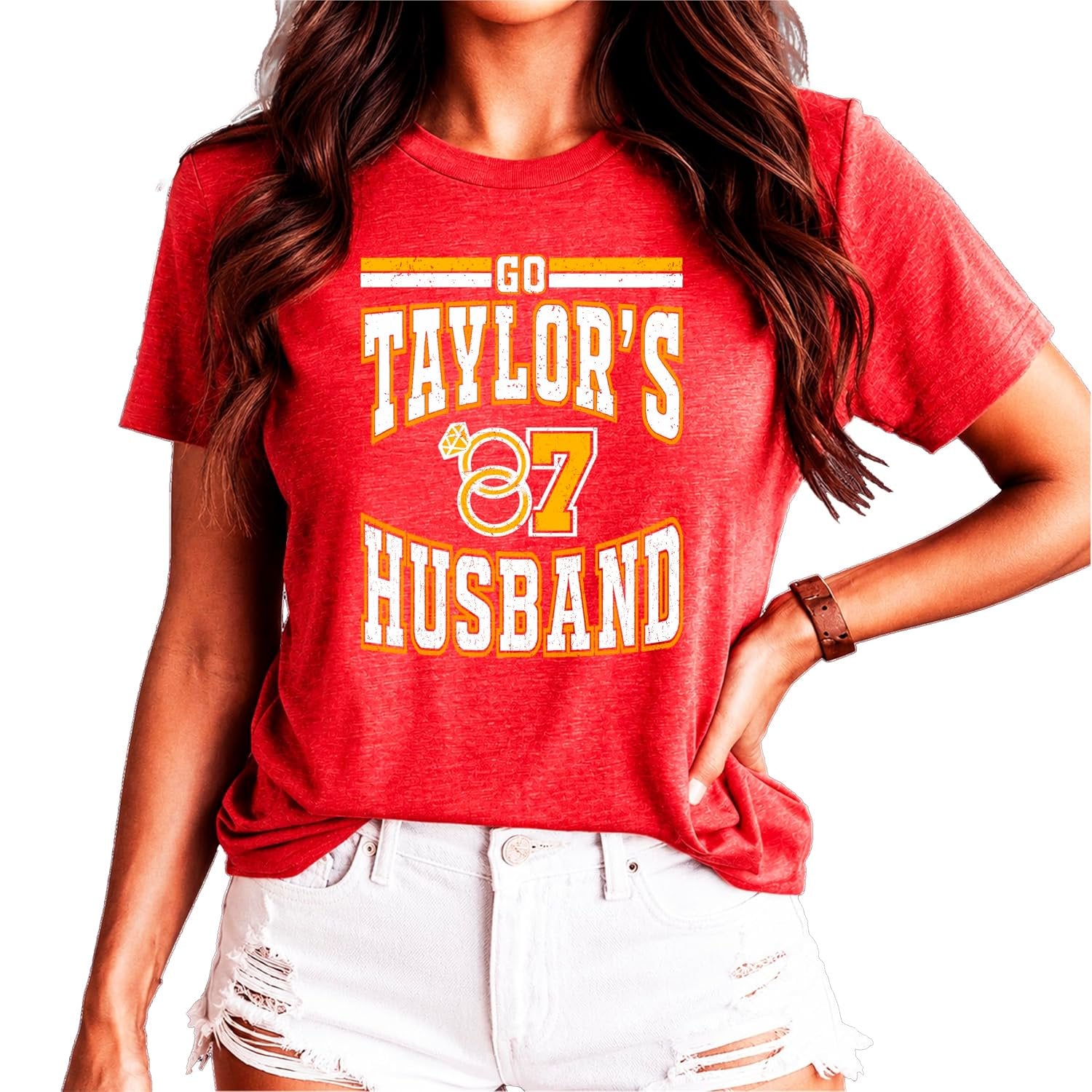 Women's Go Taylor's Husband football game day shirt in vintage red with white and gold varsity text