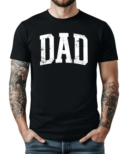 Close-up of bold distressed DAD block letter print on vintage red men's tee