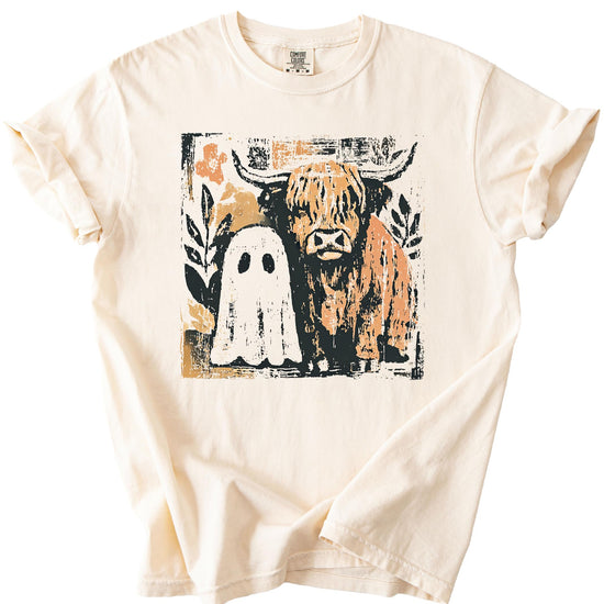 Full view of Olive Loves Apple ghost and highland cow Halloween shirt for women and teens