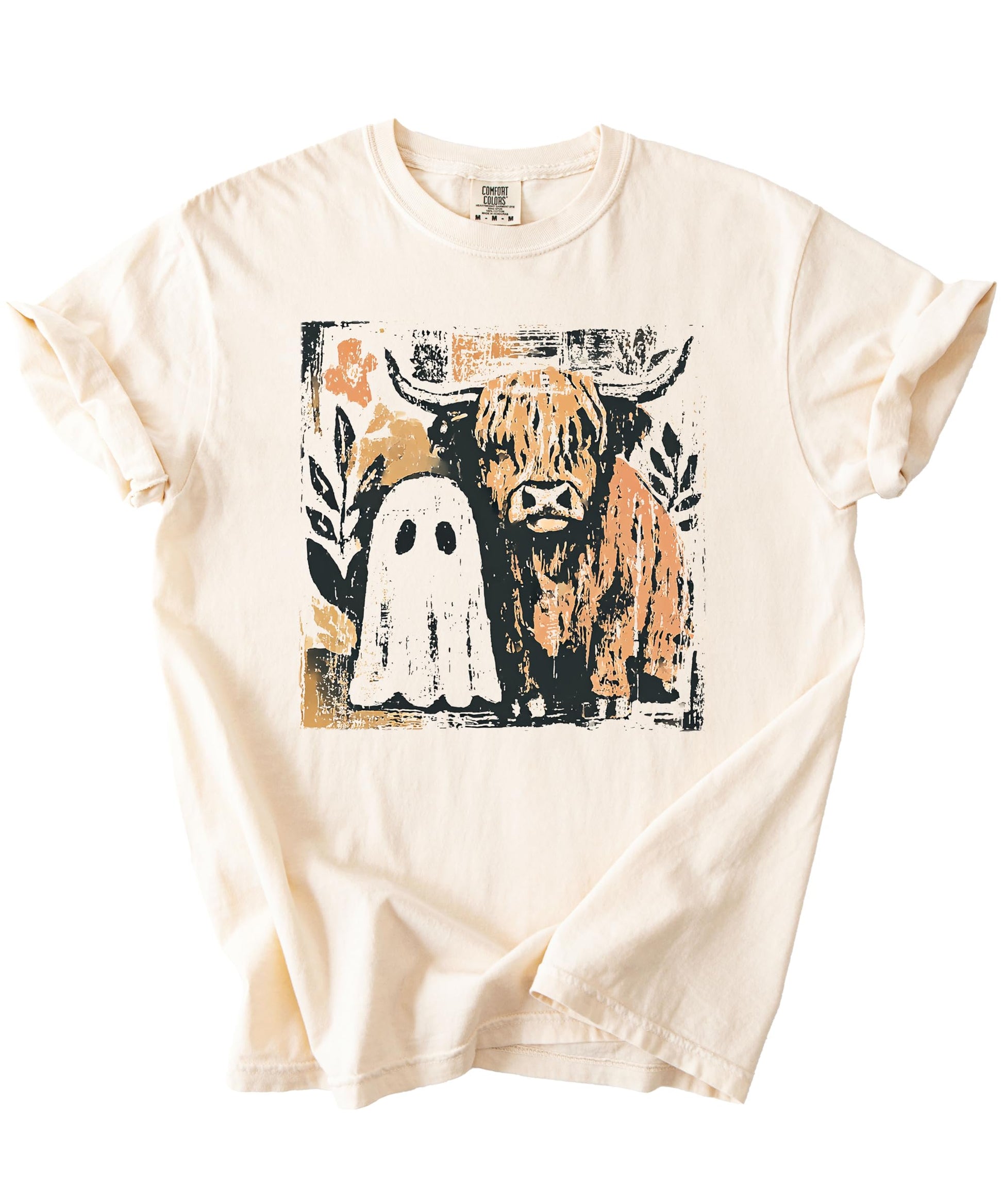 Full view of Olive Loves Apple ghost and highland cow Halloween shirt for women and teens