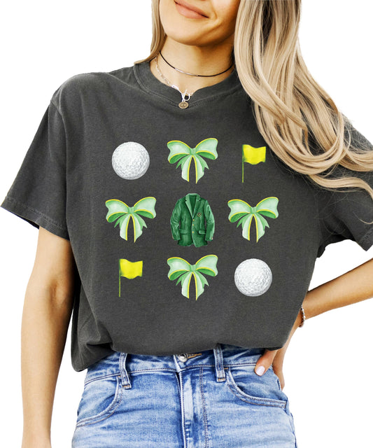 Golf Tournament Shirt for Women & Teens Green Golf Coquette Bows and Flags Tee