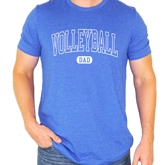 Close-up view of Volleyball Dad varsity lettering design on gray shirt