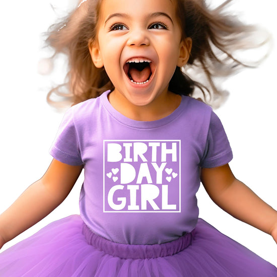 Youth birthday girl tee in mauve with white hearts graphic, size options view