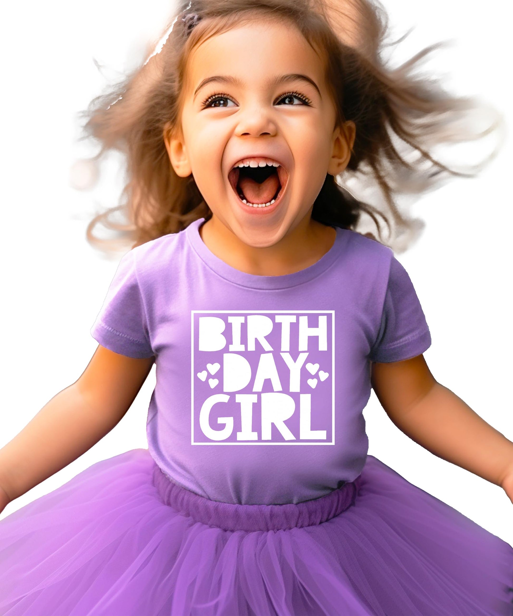 Youth birthday girl tee in mauve with white hearts graphic, size options view